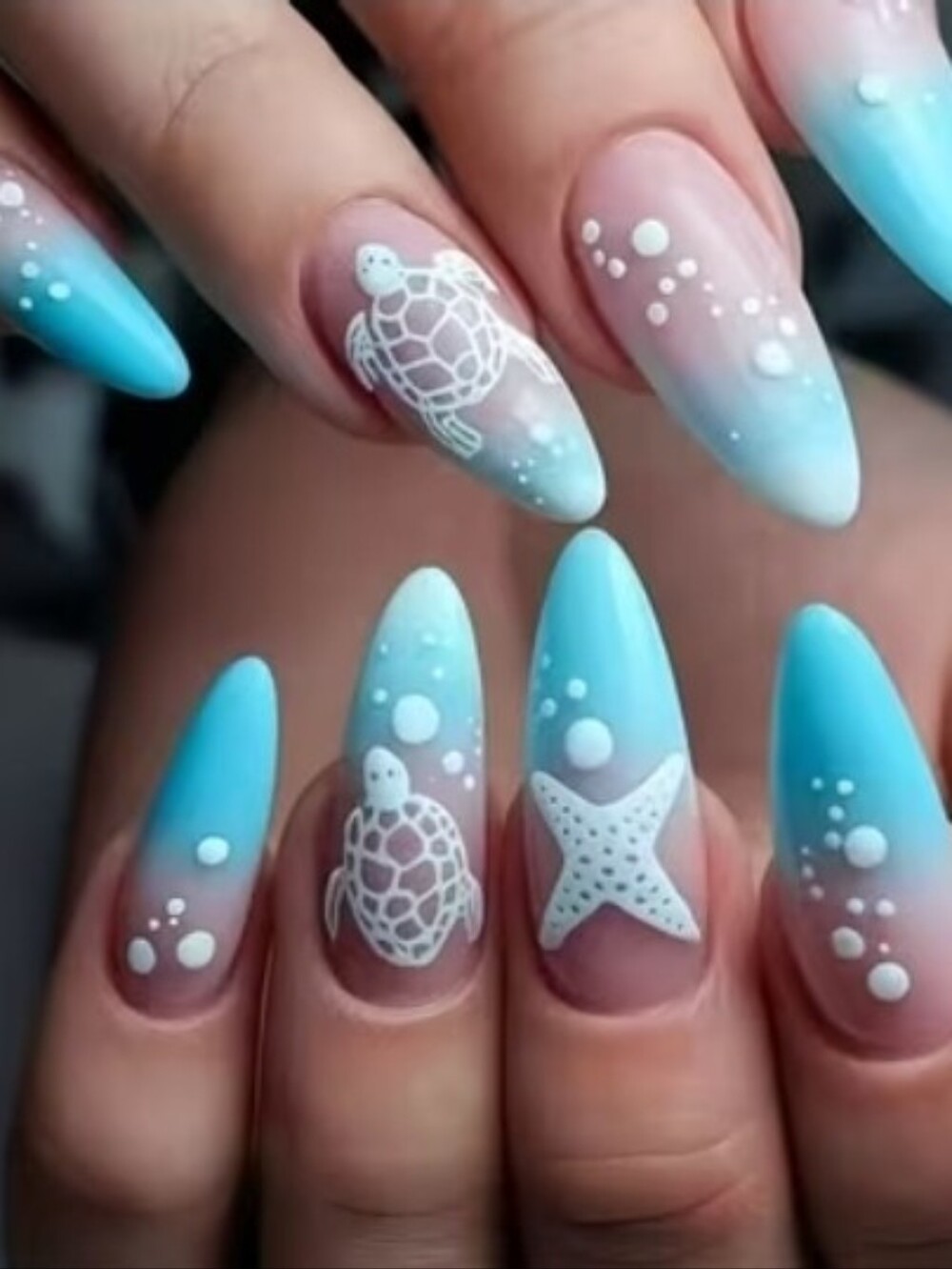 Ocean Ombre Press On Nails with White Sea Creature Accents